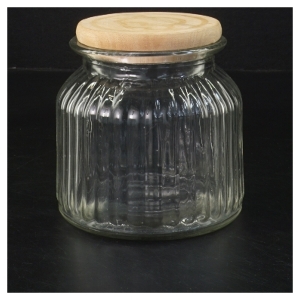 Glasbeholder med IRMA-pigen trælåg (str. 11x11 cm)