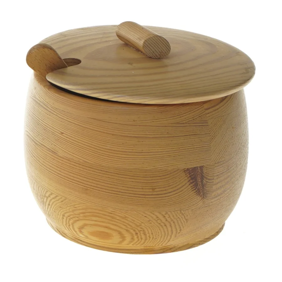 Stort Saltkar i træ med ske, flot stand (str. Ø 11 cm)