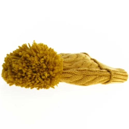 Gul strikket hue med pompon fra Next (str. 6 mdr)