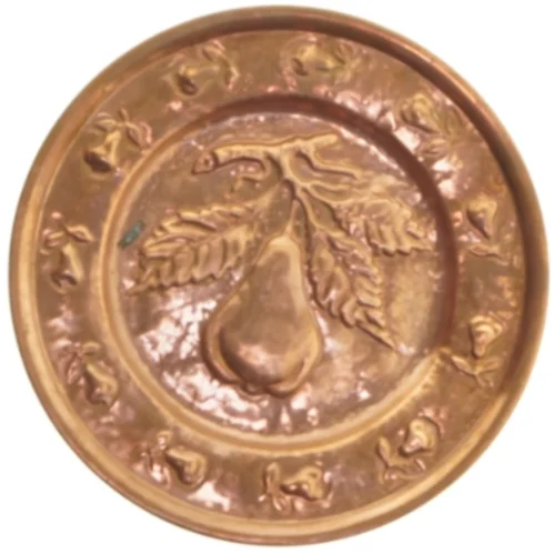 Kobber platte med pære motiv (str. Ø 24x1 cm)