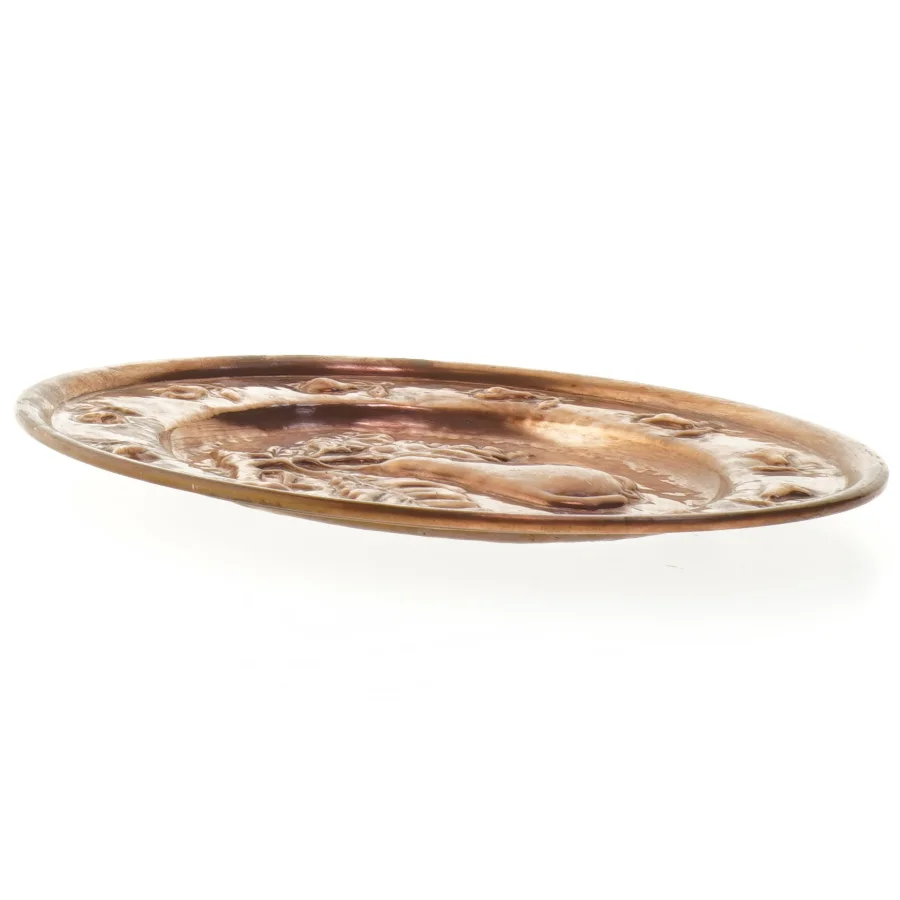 Kobber platte med pære motiv (str. Ø 24x1 cm)