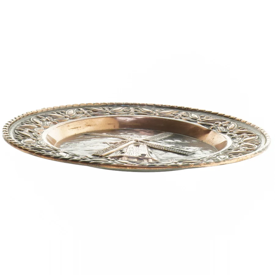 kobber platte med vindmølle motiv (str. Ø 30x2 cm)