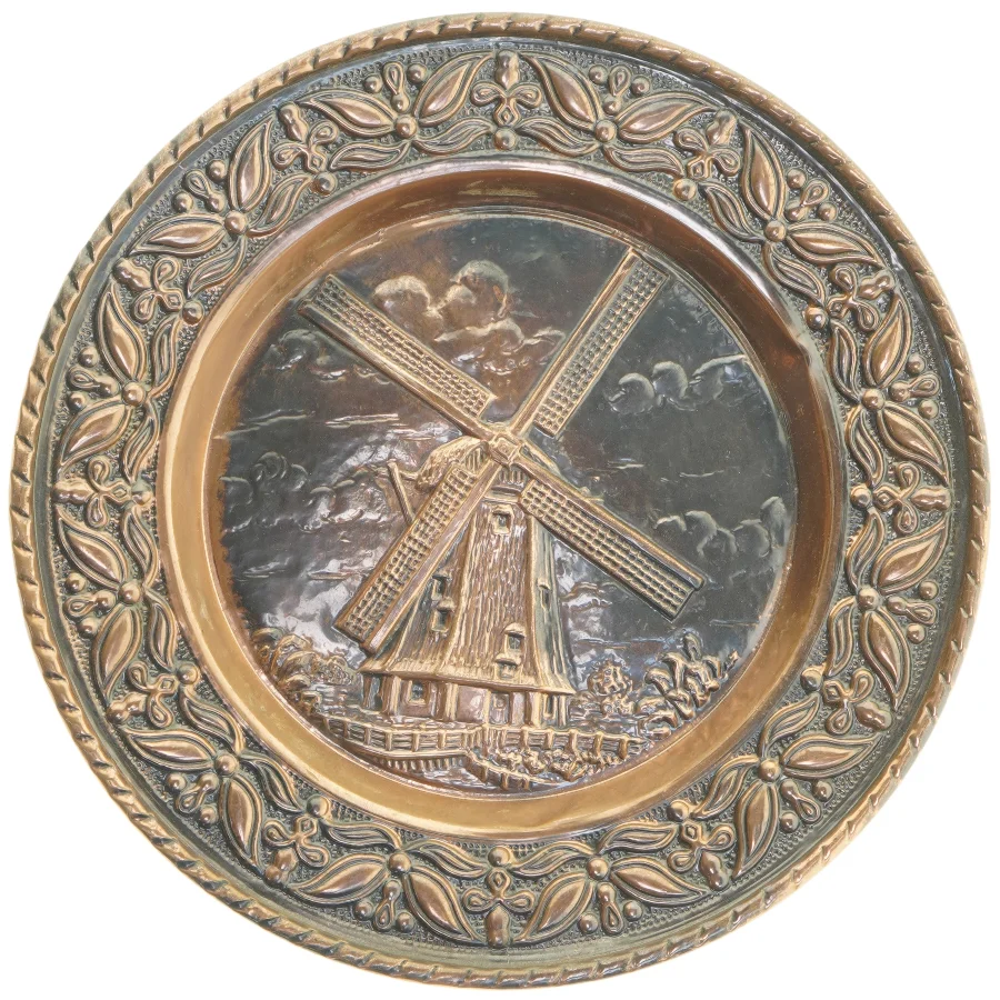 kobber platte med vindmølle motiv (str. Ø 30x2 cm)