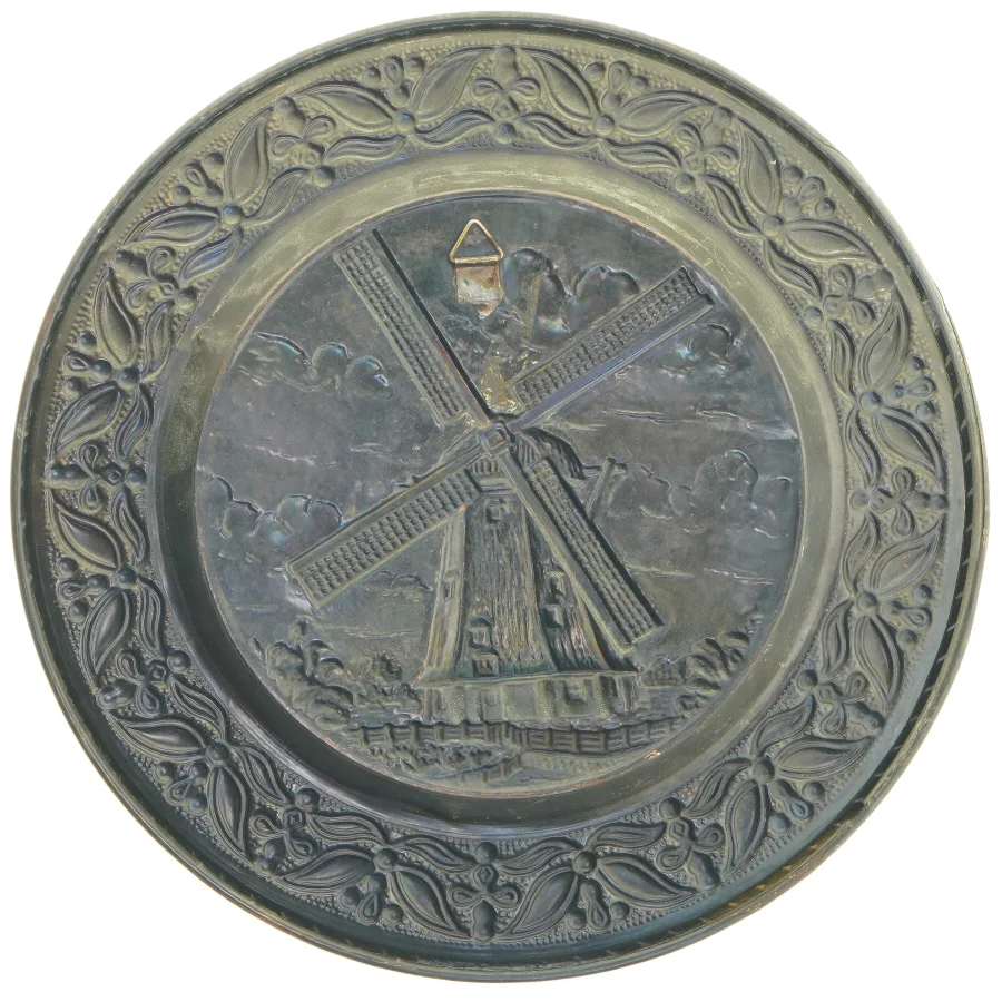 kobber platte med vindmølle motiv (str. Ø 30x2 cm)