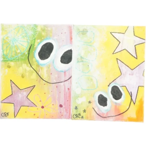 Abstrakt maleri med stjerner og cirkler (str. 24x18x4 cm)