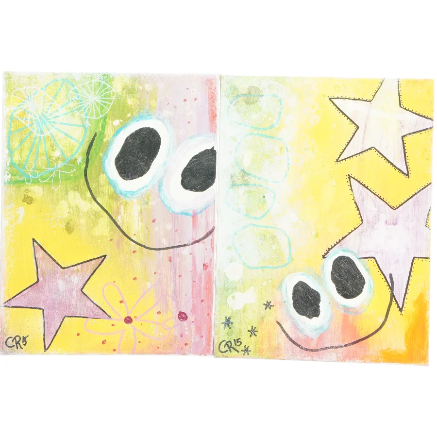 Abstrakt maleri med stjerner og cirkler (str. 24x18x4 cm)
