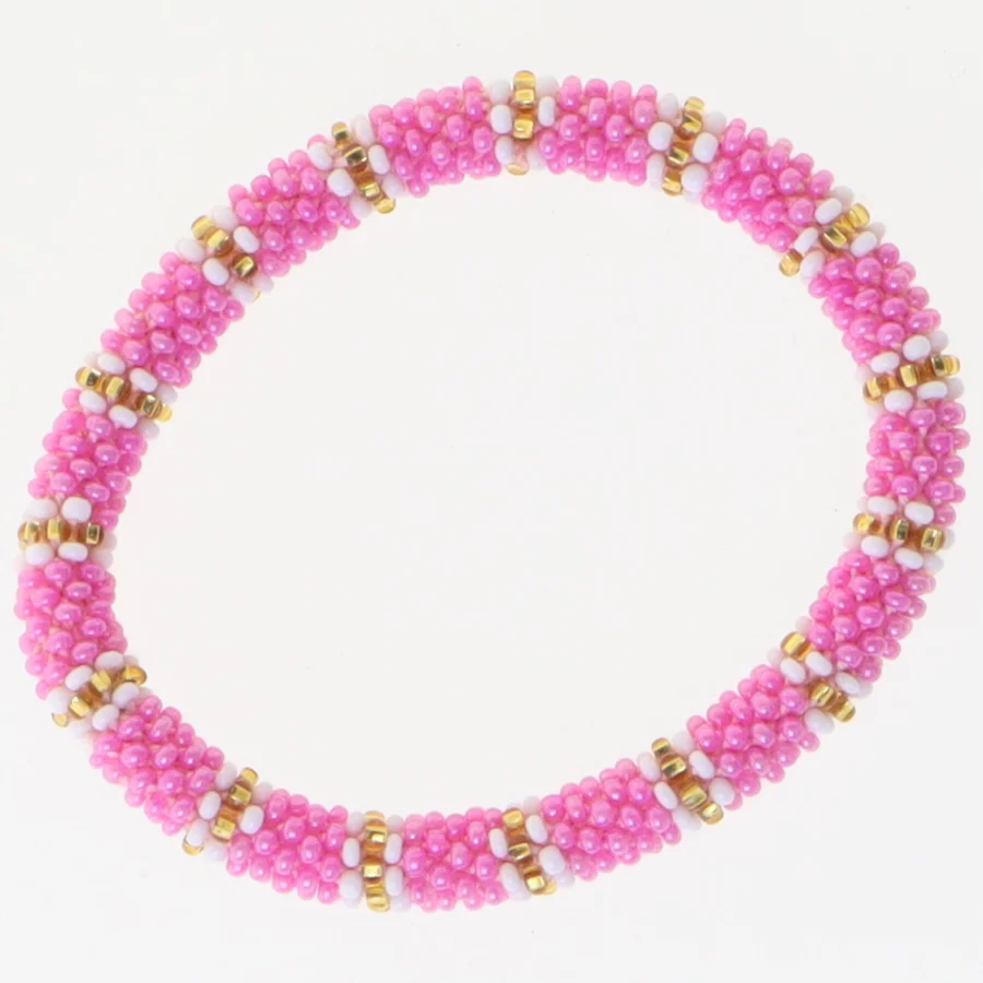 Perlearmbånd med lyserøde og guld perler (str. Ø 6 cm)