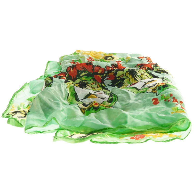 Grøn tørklæde med farverigt mønster (str. 80x80 cm)