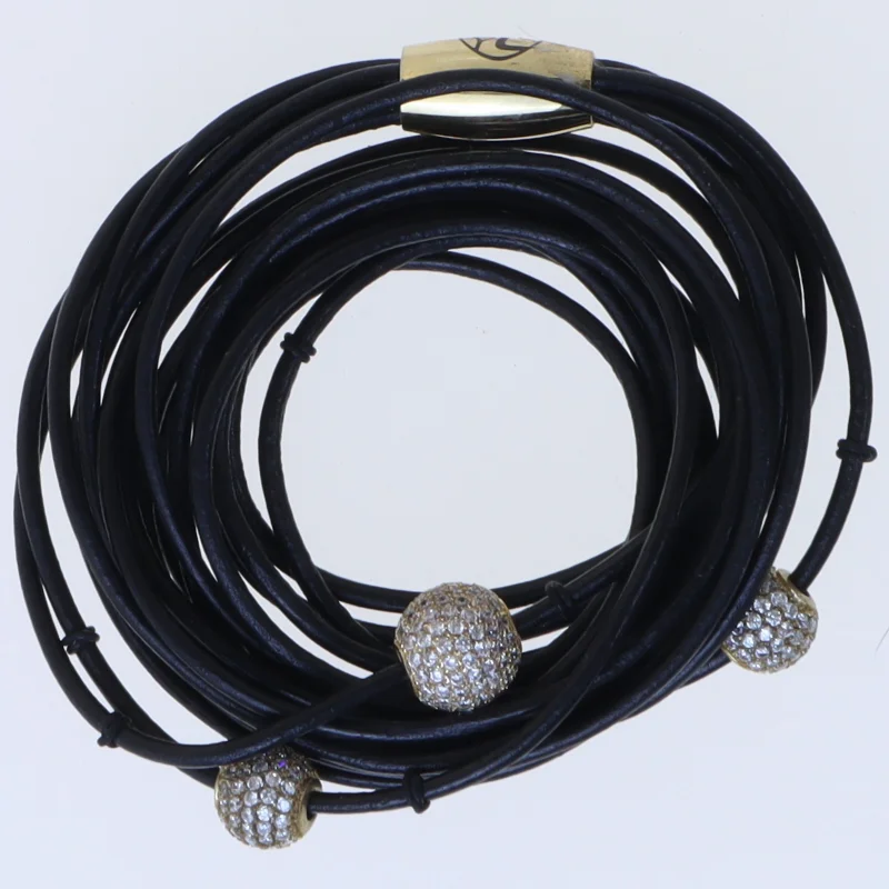 Sort læderarmbånd med glimmer kugler (str. 51 cm)