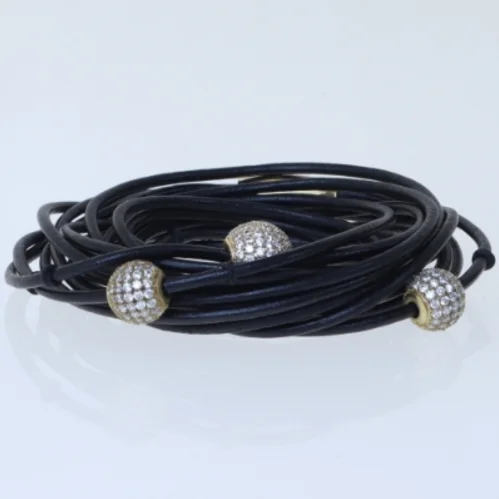 Sort læderarmbånd med glimmer kugler (str. 51 cm)