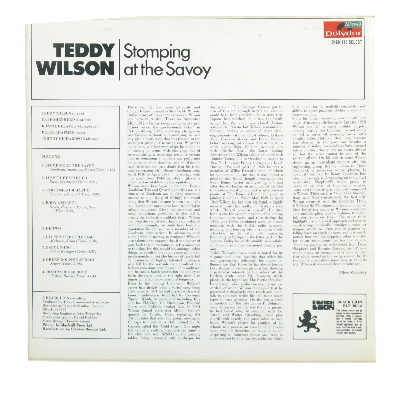 Teddy Wilson - Stomping at the Savoy LP fra Polydor Records (str. 30 cm)