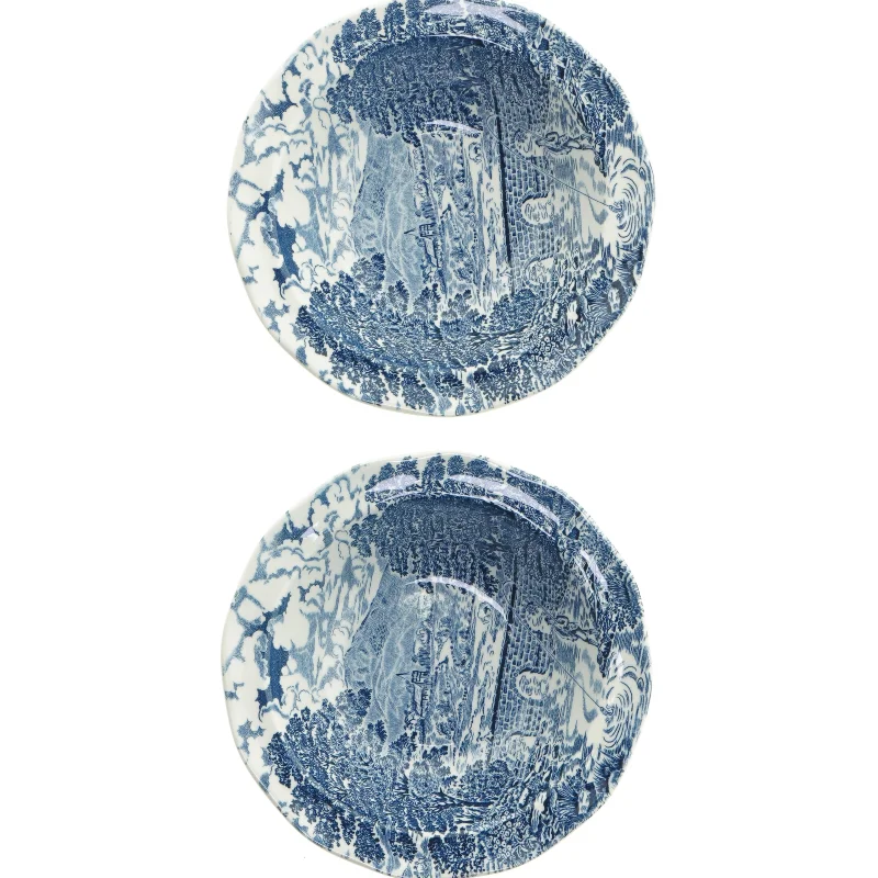 2 dybe tallerkener med blåt willow-mønster