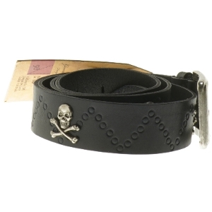 Sort læderbælte med kors og kranie logo fra Replika (str. 115 cm)