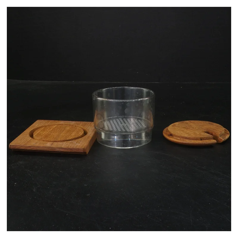 Vintage rund plastbeholder med teak bund og låg (str. 7 cm)