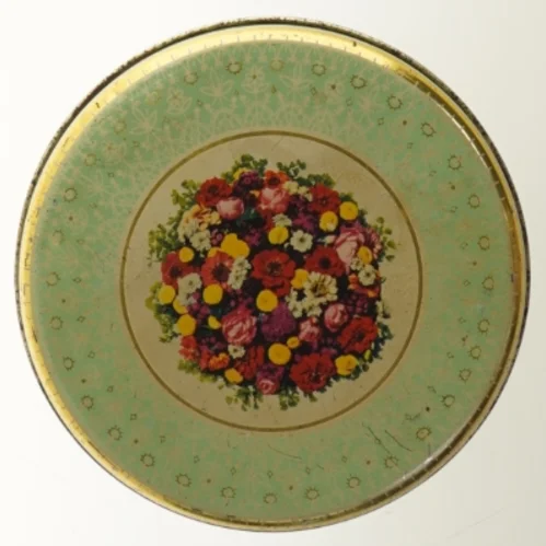 Dekorativ rund metaldåse (str. Ø 19x11,5 cm)