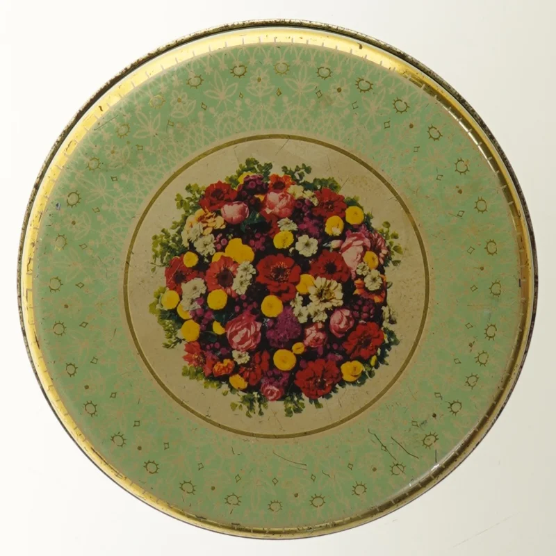 Dekorativ rund metaldåse (str. Ø 19x11,5 cm)