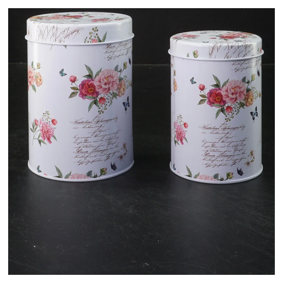 Æske med blomstermotiv, 2 stk. (str. Ø 9x12,5&ø8x11 cm)