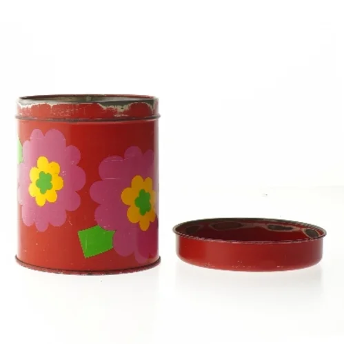 Retro dåse i metal med blomster fra Lundtofte, Copenhagen Denmark (str. Ø 10,5 cm højde 13 cm)