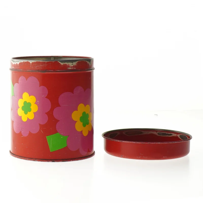 Retro dåse i metal med blomster fra Lundtofte, Copenhagen Denmark (str. Ø 10,5 cm højde 13 cm)