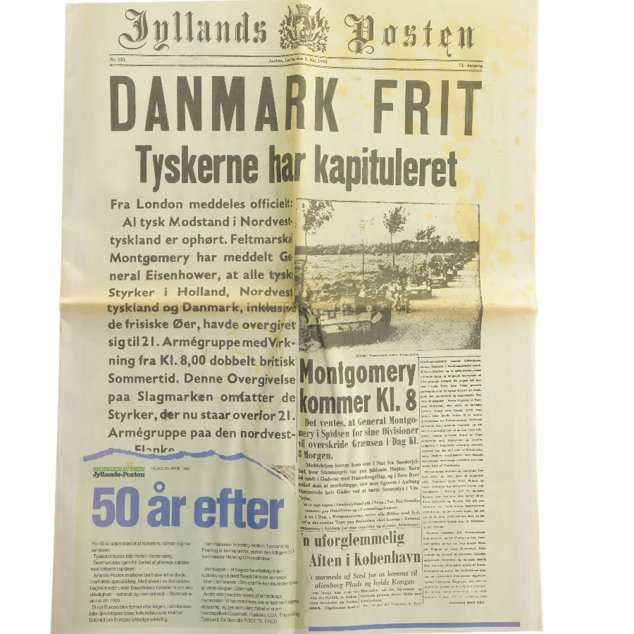 Danmark frit – Tyskerne har kapituleret. Facsimile-avis med sektion '50 år efter' af Morgenavisen Jyllands-Posten (str.  40x56 cm) (Bog)