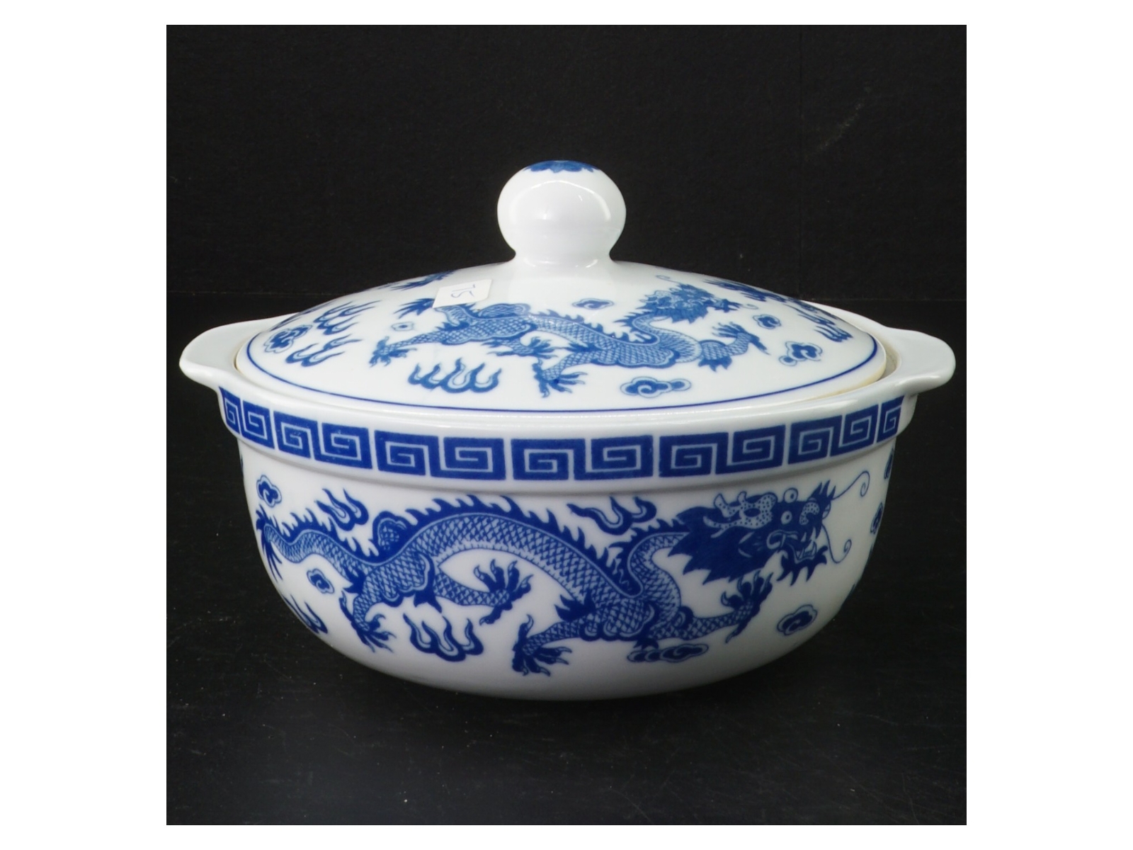 Orientalsk  Blå og hvid porcelæns skål med låg (str. 17 cm)