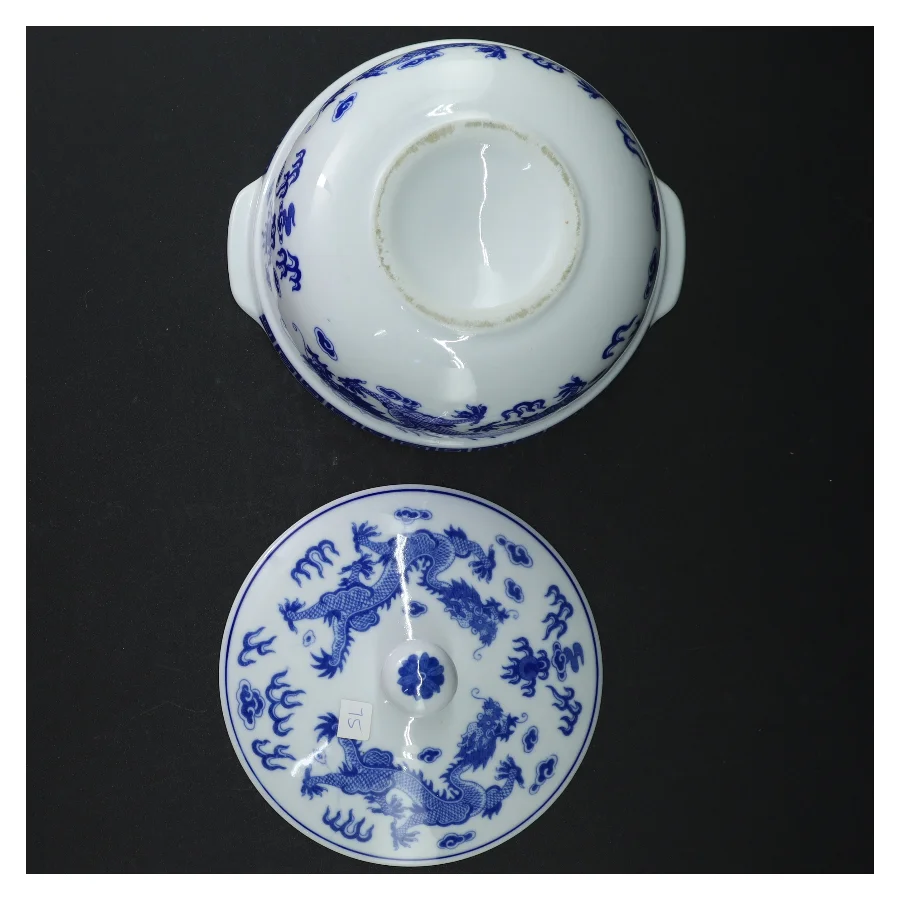 Orientalsk  Blå og hvid porcelæns skål med låg (str. 17 cm)