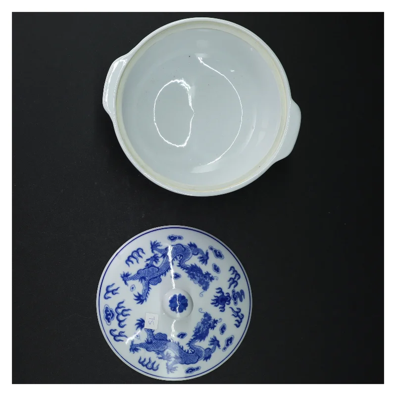 Orientalsk  Blå og hvid porcelæns skål med låg (str. 17 cm)