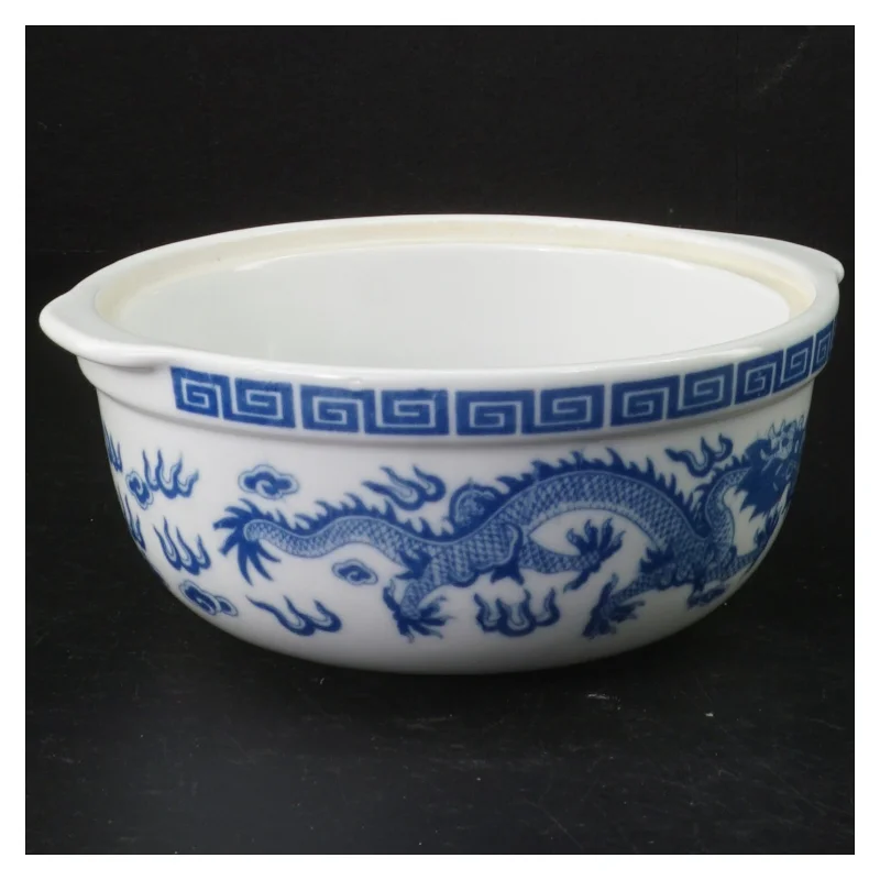 Blå-hvid porcelænsskål med dragemotiv