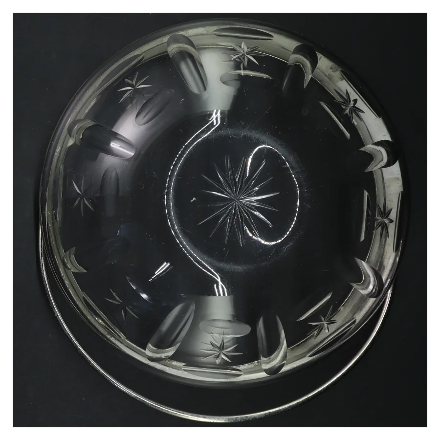 Antik Glasskål med metalkant og håndtag (str. Ø 18,5 cm)