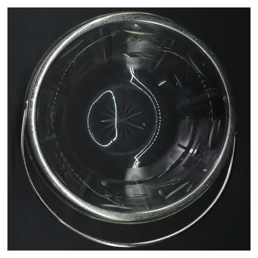 Antik Glasskål med metalkant og håndtag (str. Ø 18,5 cm)