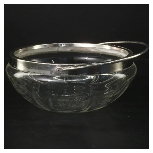 Antik Glasskål med metalkant og håndtag (str. Ø 18,5 cm)