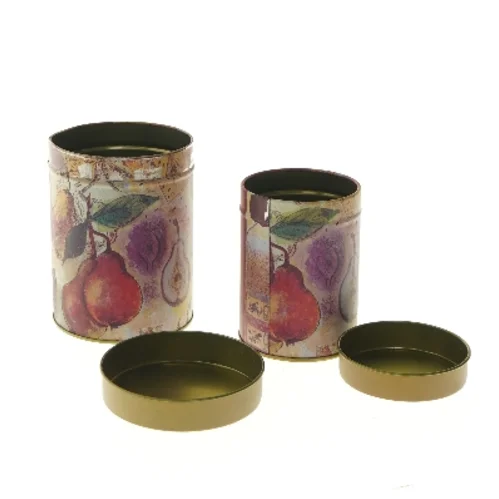 Sæt af dekorerede metalbeholdere (str. Ø 9,5x13 og Ø 8x10 cm)