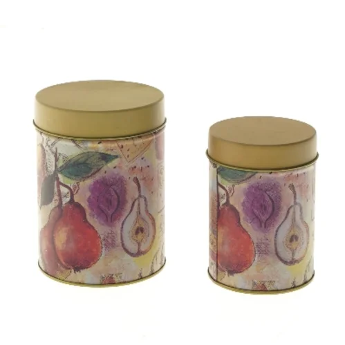 Sæt af dekorerede metalbeholdere (str. Ø 9,5x13 og Ø 8x10 cm)