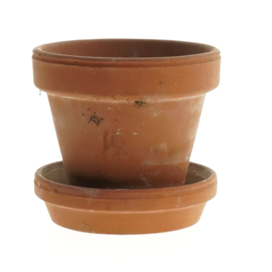 Terracottakrukke med underfad (str. Ø. 9 cm. længde, 8 cm)