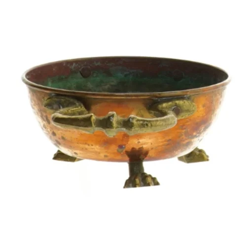 Kobberskål med håndtag og ben (str. Ø 12,5 cm)