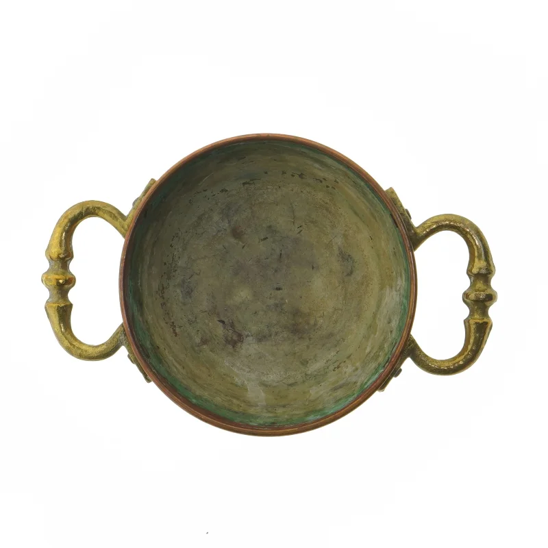 Kobberskål med håndtag og ben (str. Ø 12,5 cm)