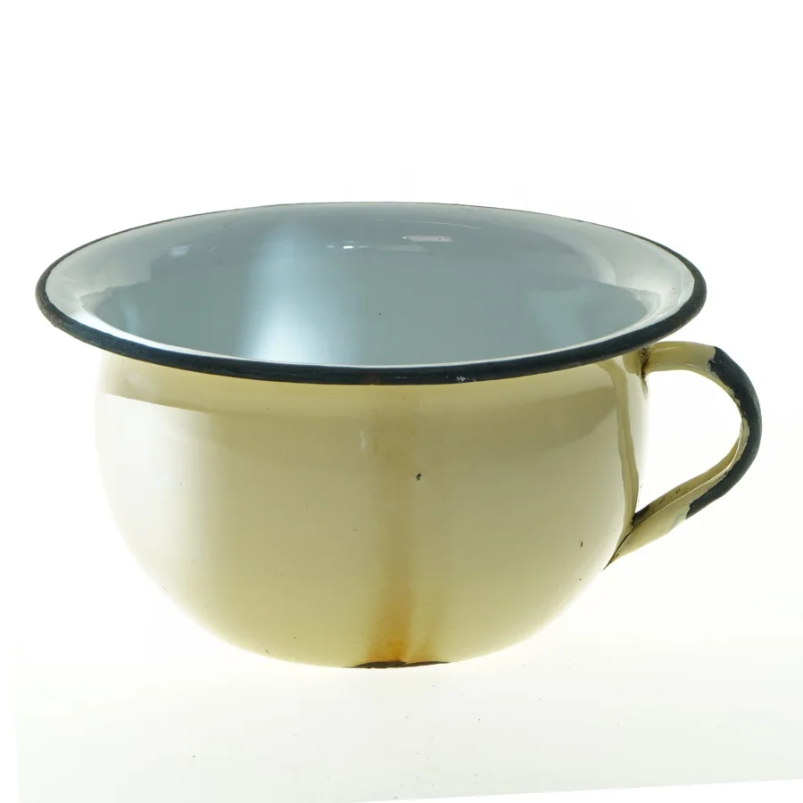 Vintage emaljeskål med håndtag (str. Ø 19 cm)