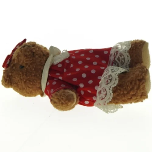 Teddy bamse med rød prikket kjole (str. 20 cm)