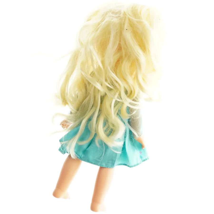 Dukke med langt gult hår og kjole (str. 32 cm)