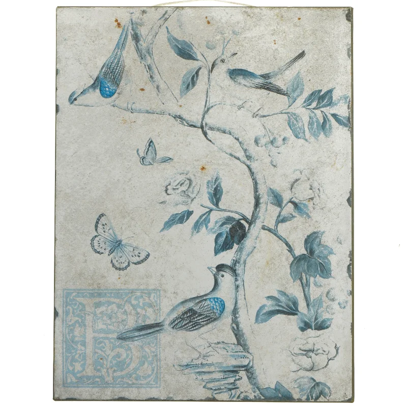 Metalskilt med fugle- og blomstermotiv (str. 35x27 cm)