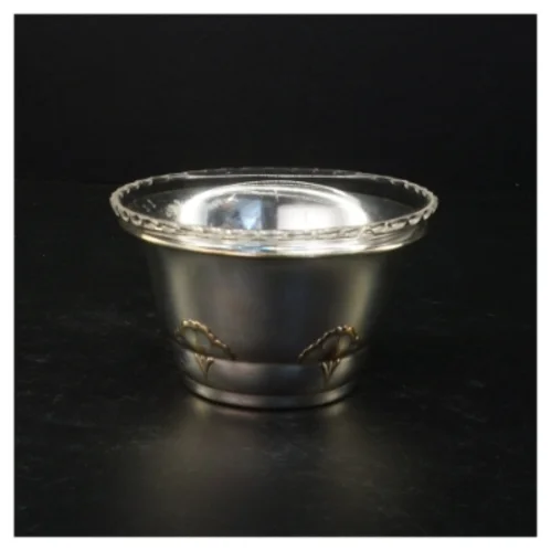 Antik Sølvfarvet metalskål med glasindsats fra Victoria (str. 13,5 x 7,5 cm)