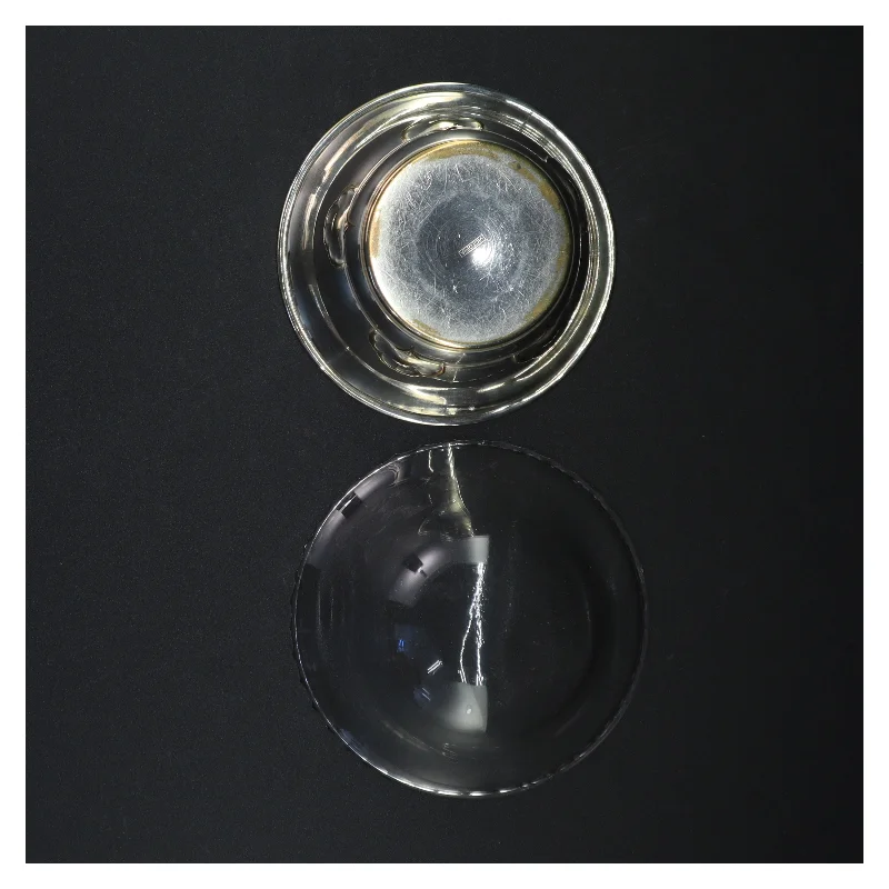 Antik Sølvfarvet metalskål med glasindsats fra Victoria (str. 13,5 x 7,5 cm)