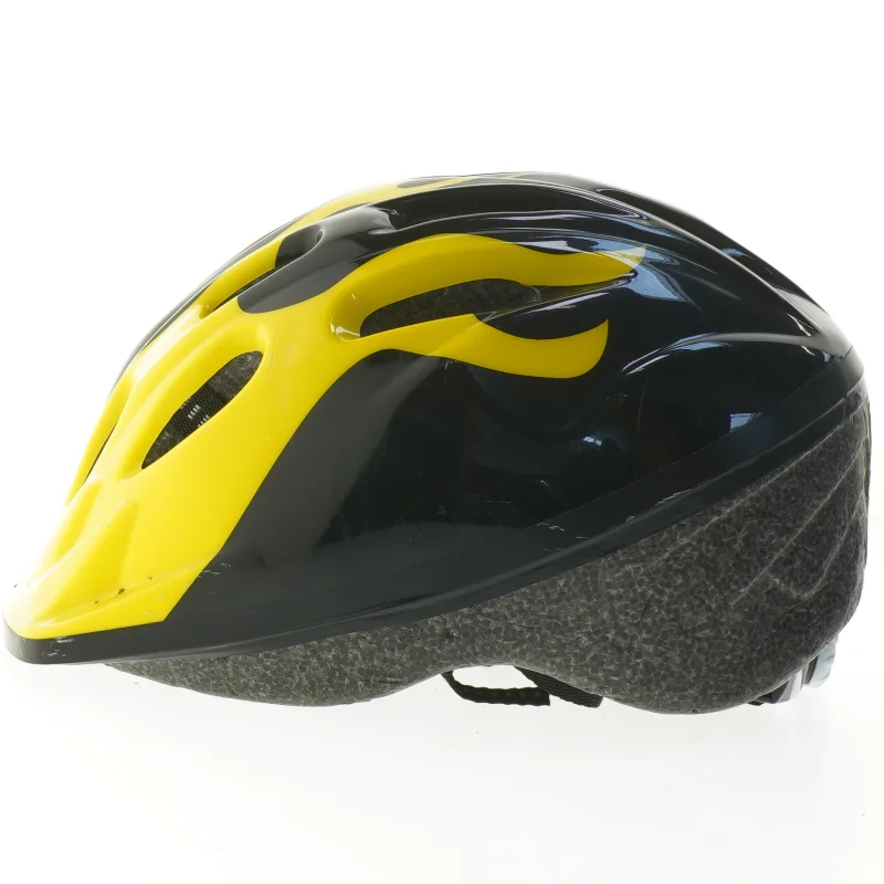 Cykelhjelm med gul og sort flamme design fra Biltema (str. m)