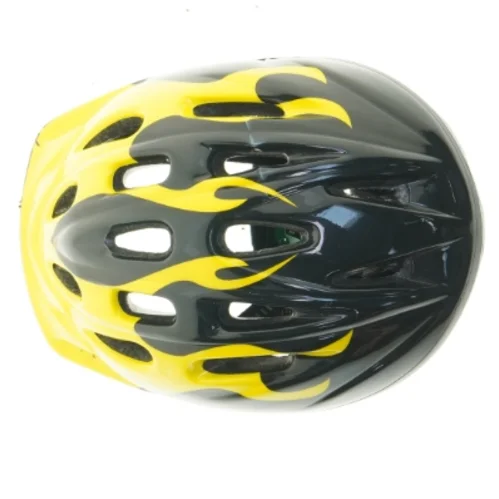 Cykelhjelm med gul og sort flamme design fra Biltema (str. m)
