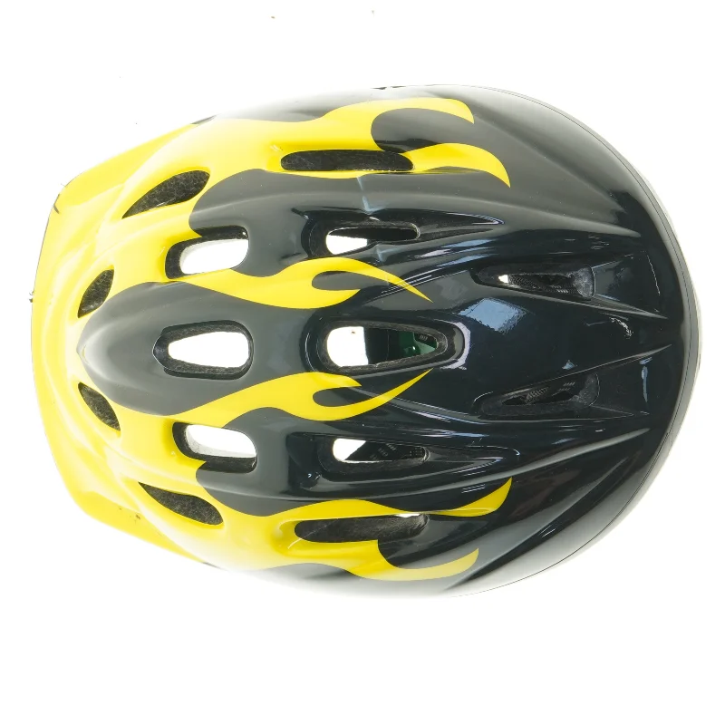 Cykelhjelm med gul og sort flamme design fra Biltema (str. m)