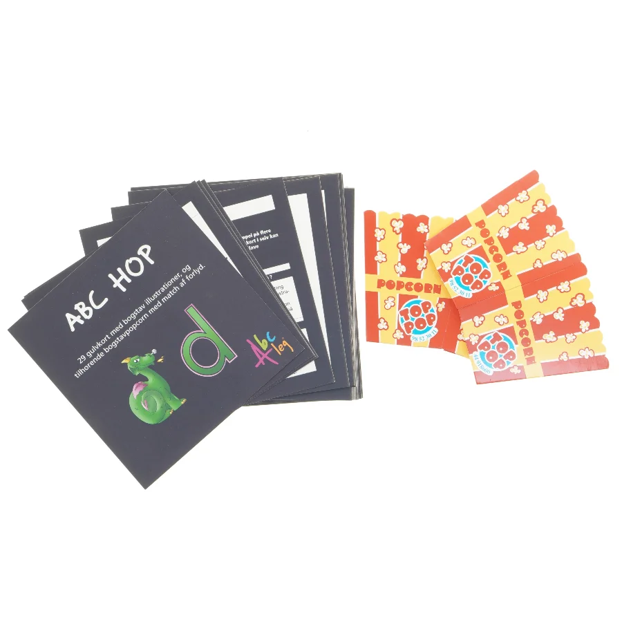 Alfabet læringskort og Popcorn kortspil (str. 18 x 18 cm)