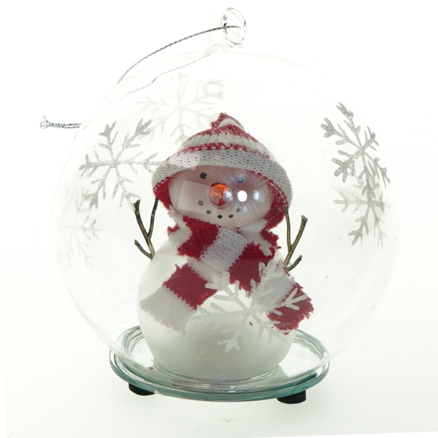 LED snekugle med snefnugmotiv og sneemand  (str. Ø 12 cm)