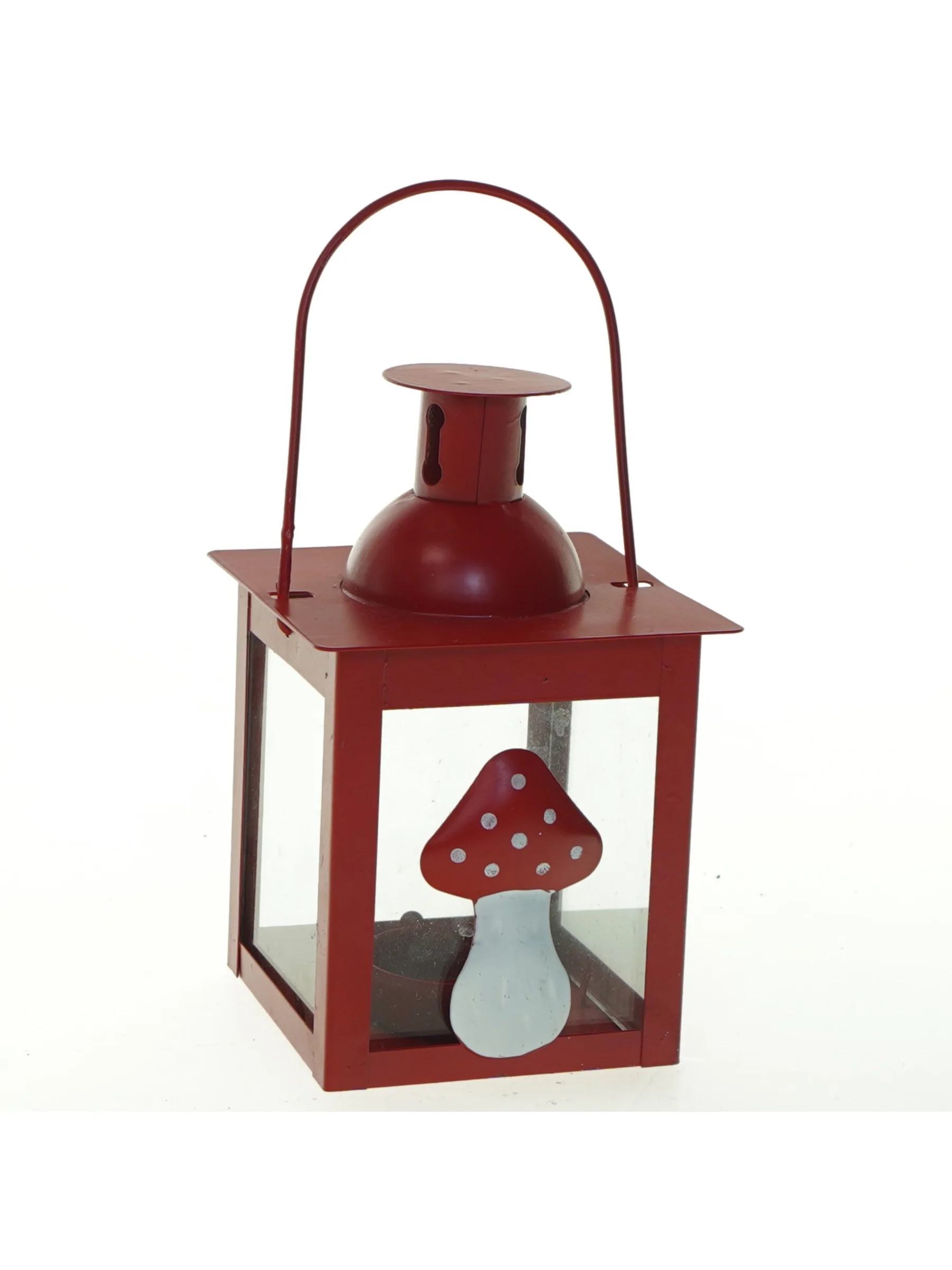 Rød jule lanterne med svampedekoration (str. 9,5x15 cm)