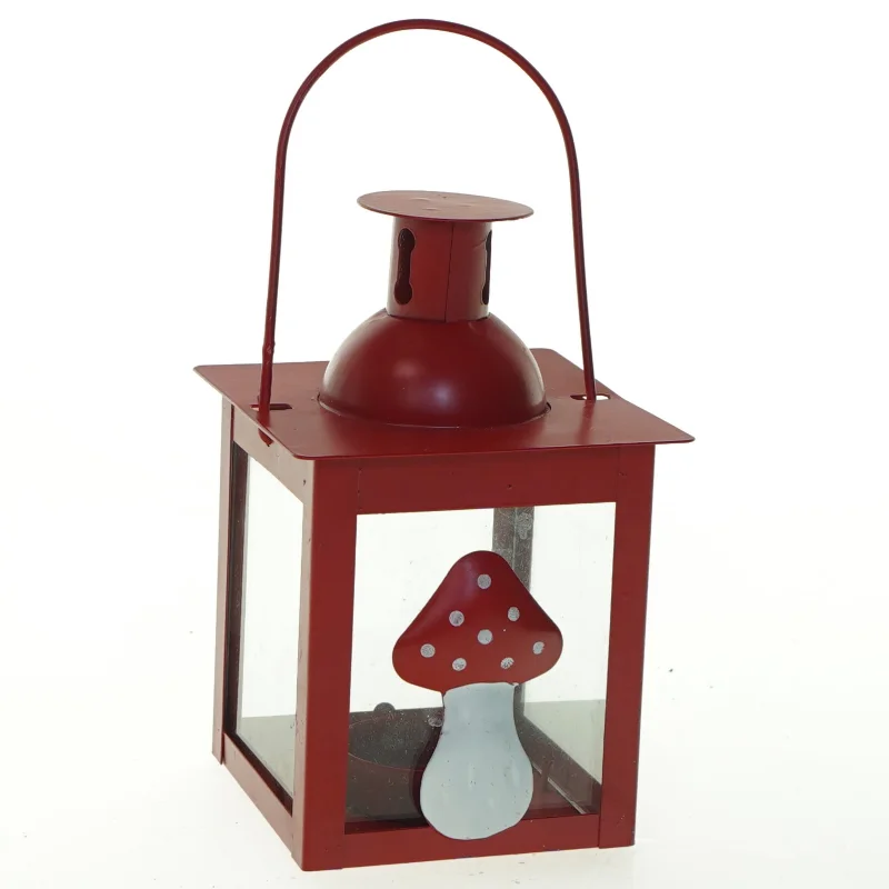Rød jule lanterne med svampedekoration (str. 9,5x15 cm)