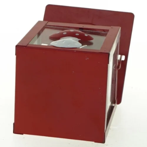 Rød jule lanterne med svampedekoration (str. 9,5x15 cm)